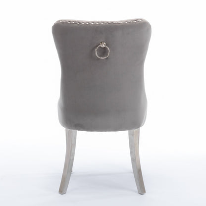 High-end Tufted Solid Wood Velvet Soft Cushion Dining Chair with Chrome-plated Legs and Nail Decoration, Gray and Chrome ( 2pcs Set )