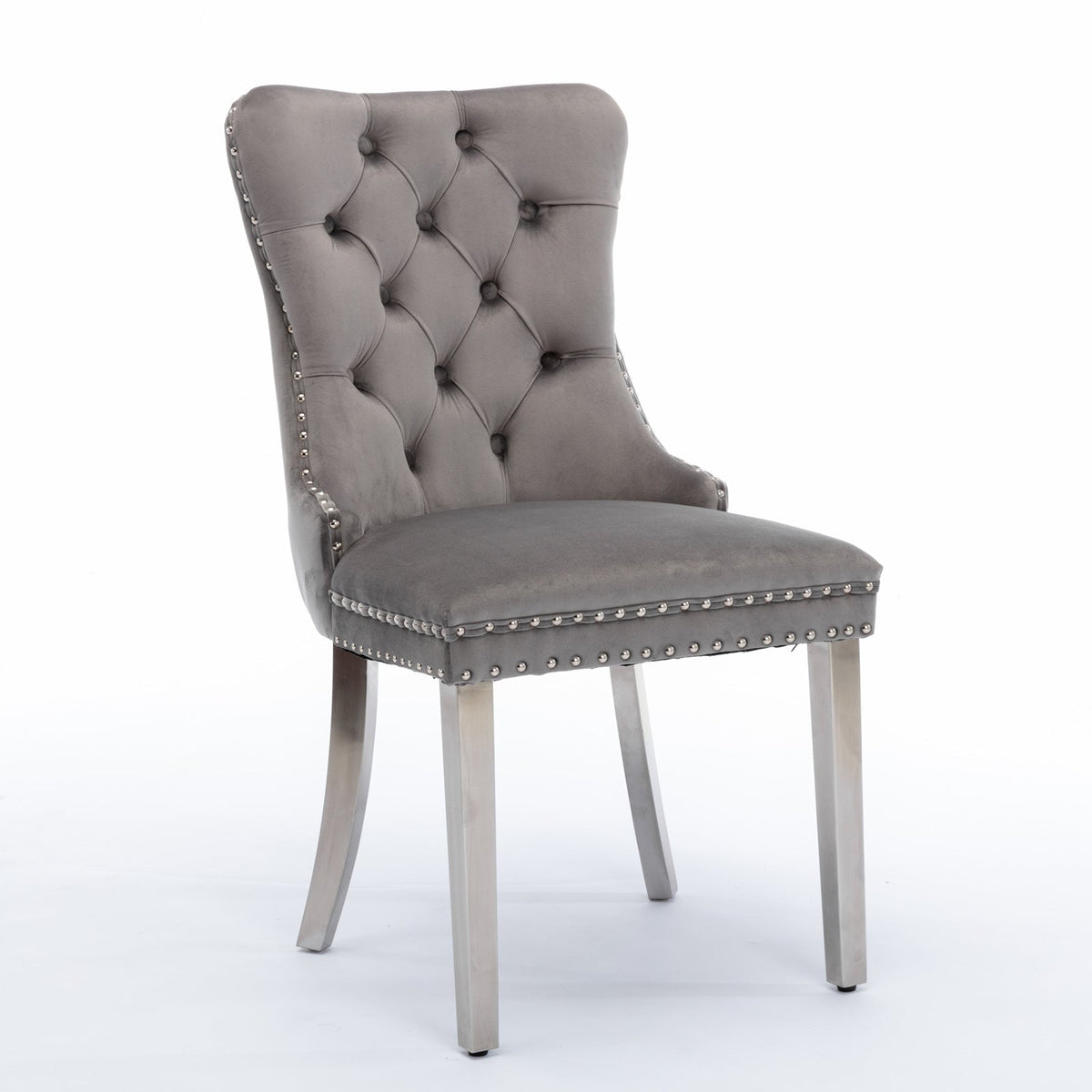 High-end Tufted Solid Wood Velvet Soft Cushion Dining Chair with Chrome-plated Legs and Nail Decoration, Gray and Chrome ( 2pcs Set )