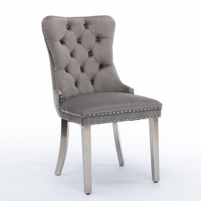 High-end Tufted Solid Wood Velvet Soft Cushion Dining Chair with Chrome-plated Legs and Nail Decoration, Gray and Chrome ( 2pcs Set )
