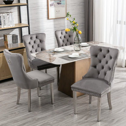 High-end Tufted Solid Wood Velvet Soft Cushion Dining Chair with Chrome-plated Legs and Nail Decoration, Gray and Chrome ( 2pcs Set )