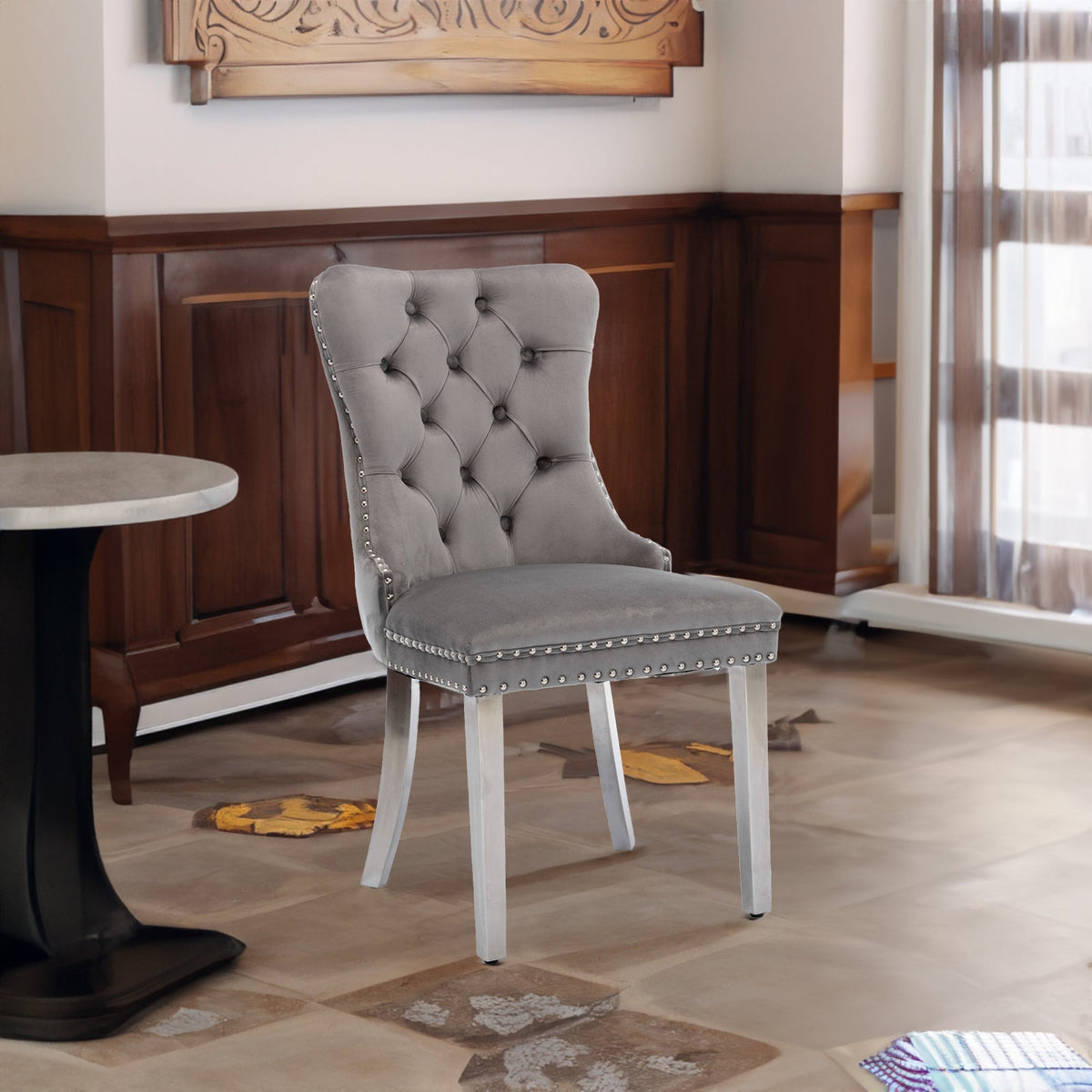 High-end Tufted Solid Wood Velvet Soft Cushion Dining Chair with Chrome-plated Legs and Nail Decoration, Gray and Chrome ( 2pcs Set )
