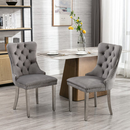 High-end Tufted Solid Wood Velvet Soft Cushion Dining Chair with Chrome-plated Legs and Nail Decoration, Gray and Chrome ( 2pcs Set )
