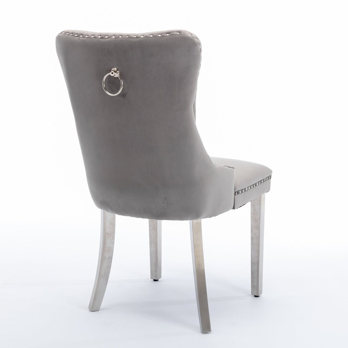 High-end Tufted Solid Wood Velvet Soft Cushion Dining Chair with Chrome-plated Legs and Nail Decoration, Gray and Chrome ( 2pcs Set )