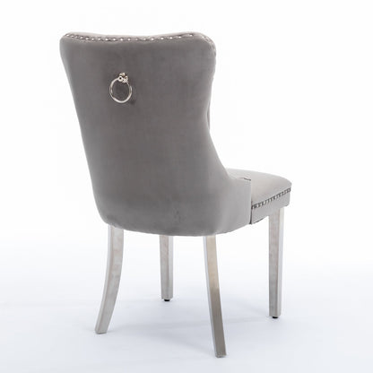 High-end Tufted Solid Wood Velvet Soft Cushion Dining Chair with Chrome-plated Legs and Nail Decoration, Gray and Chrome ( 2pcs Set )