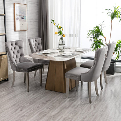 High-end Tufted Solid Wood Velvet Soft Cushion Dining Chair with Chrome-plated Legs and Nail Decoration, Gray and Chrome ( 2pcs Set )