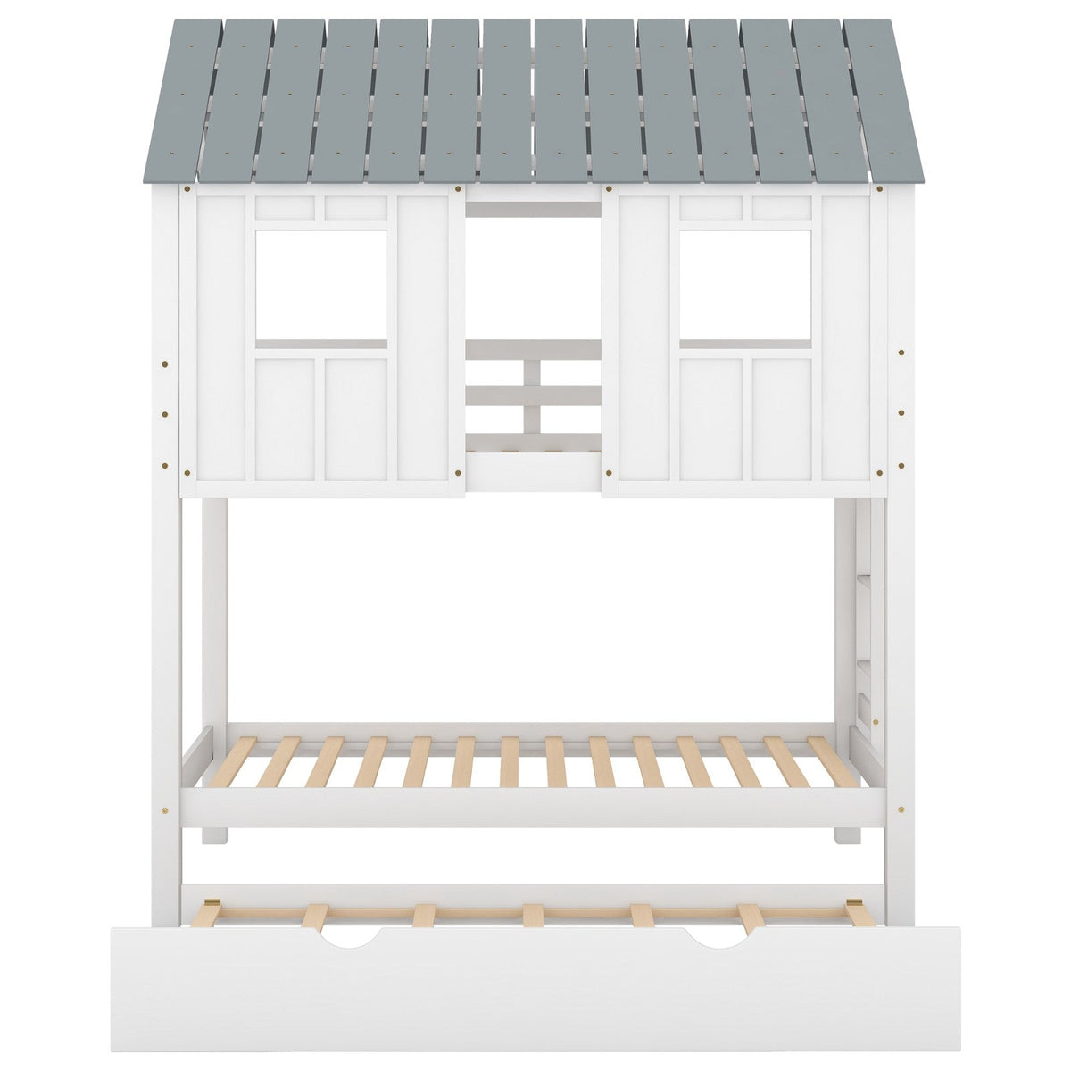 House Bunk Bed with Trundle, Roof, and Windows