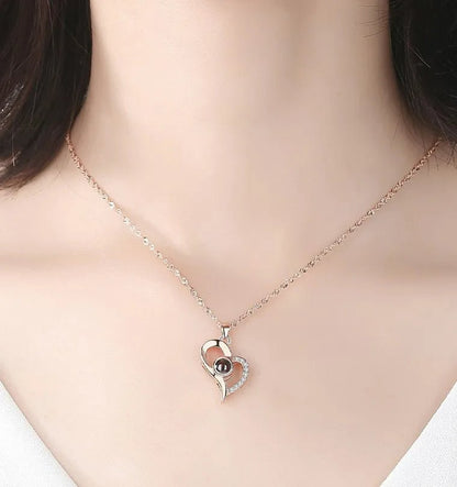 I Love You in 100 Languages Necklace - Personalized 100 Languages I Love You Photo Heart Projection Necklace Perfect for Valentine's Day