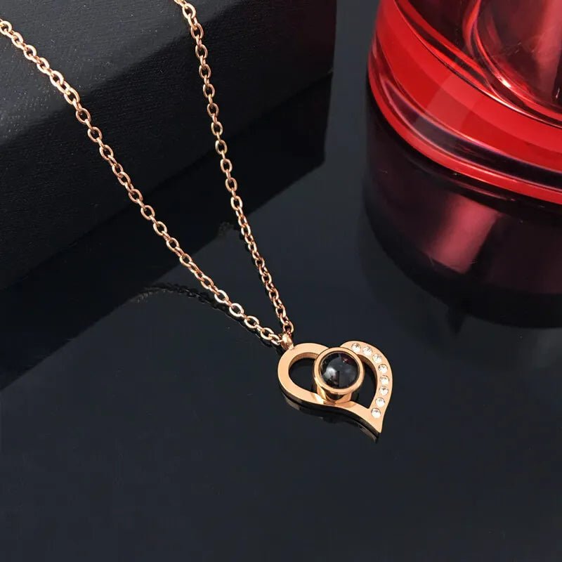 I Love You in 100 Languages Necklace - Personalized 100 Languages I Love You Photo Heart Projection Necklace Perfect for Valentine's Day