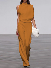 Women's round-neck, sleeveless jumpsuit with flared legs