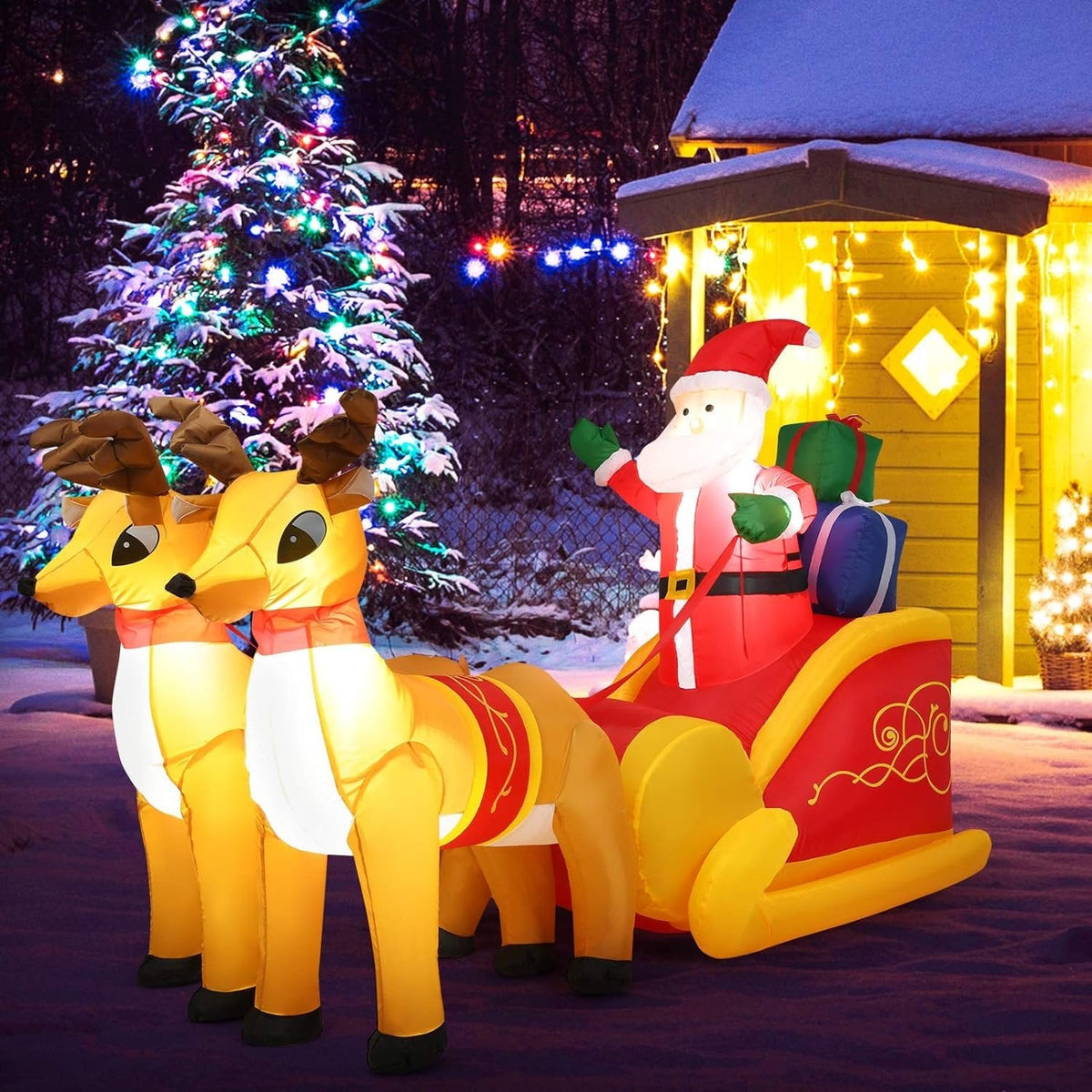 Inflatable Santa Claus Christmas Decor -  Inflatable Santa on Sleigh with Reindeer Holiday Decoration
