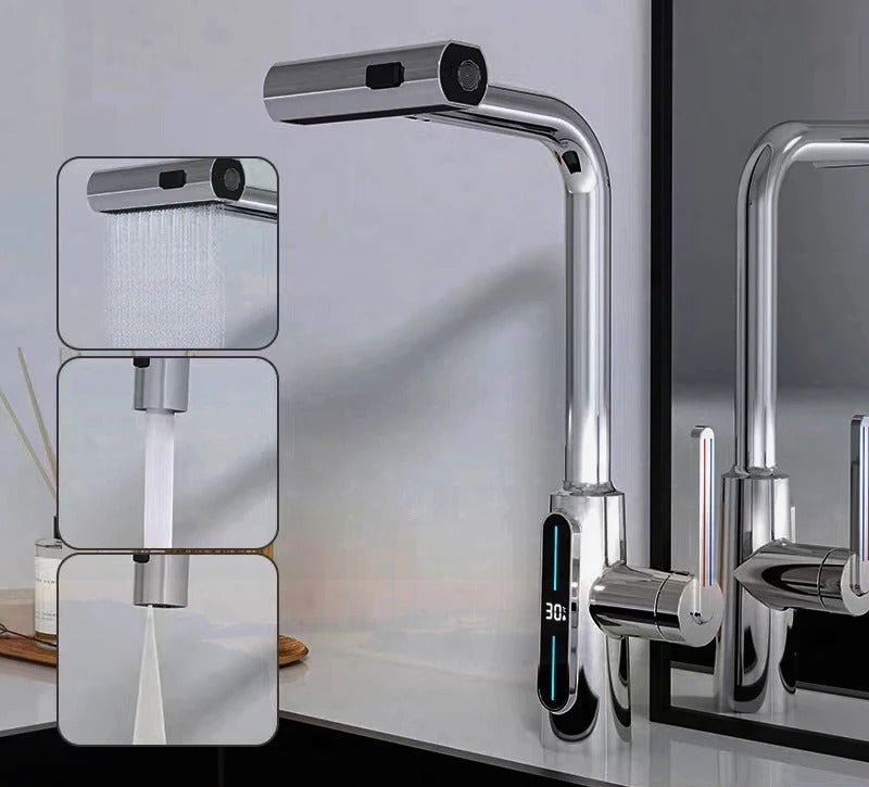 Intelligent Digital Display Faucet Pull-out Basin Faucet - 3 in 1 360° Swiveling Waterfall Kitchen Tap