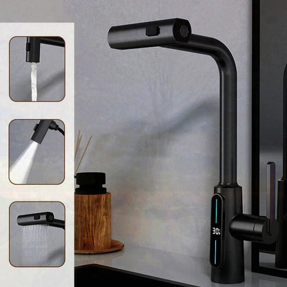 Intelligent Digital Display Faucet Pull-out Basin Faucet - 3 in 1 360° Swiveling Waterfall Kitchen Tap