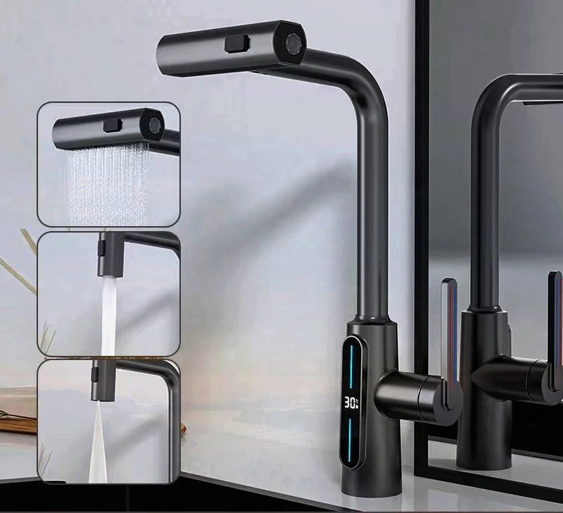 Intelligent Digital Display Faucet Pull-out Basin Faucet - 3 in 1 360° Swiveling Waterfall Kitchen Tap