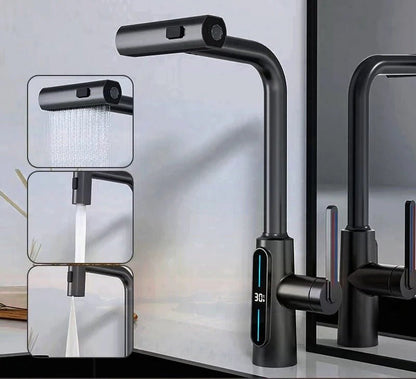 Intelligent Digital Display Faucet Pull-out Basin Faucet - 3 in 1 360° Swiveling Waterfall Kitchen Tap