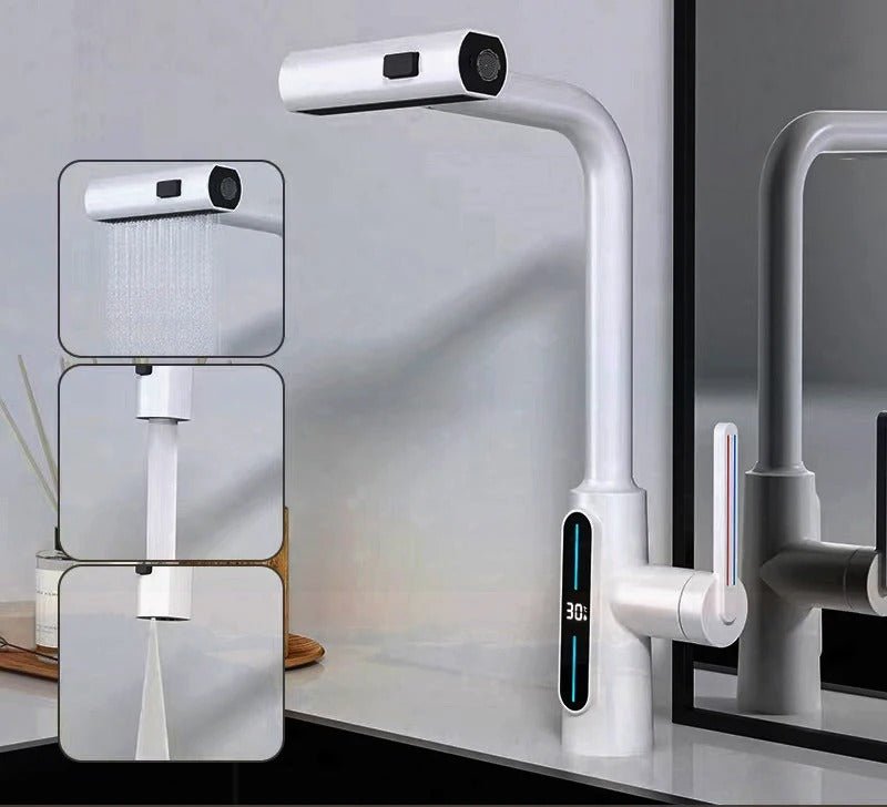Intelligent Digital Display Faucet Pull-out Basin Faucet - 3 in 1 360° Swiveling Waterfall Kitchen Tap
