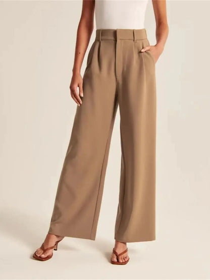 High-Waisted Wide-Leg Trousers – Elegant & Casual All-Season Pocket Slacks