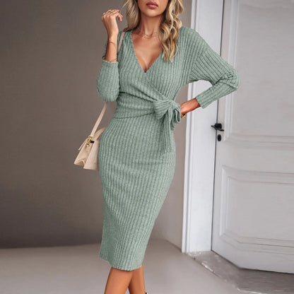 Sultry Lace-Up Bodycon Dress – Rib Knit Long Sleeve V-Neck for a Commuting Chic Look