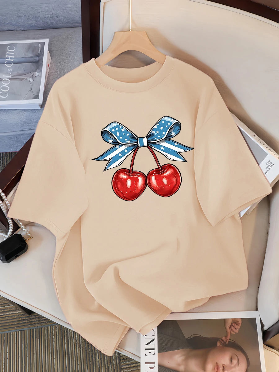 Women’s Cotton Cherry Print T-Shirt – Summer Loose Hip Hop Tee with Flag Bow Detail, Breathable Comfort, and Stylish Streetwear Vibe
