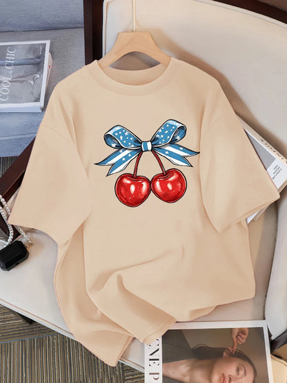 Women’s Cotton Cherry Print T-Shirt – Summer Loose Hip Hop Tee with Flag Bow Detail, Breathable Comfort, and Stylish Streetwear Vibe