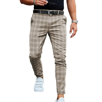 Men's Slim-Fit Plaid Trousers - Tapered Ankle-Length Check Pants