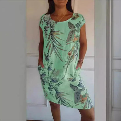 Vintage Boho Midi Dress with Flower and Leaf Print – Botanical Print Short-Sleeve Vacation Dress with Big Pockets for a Chic Beach Style