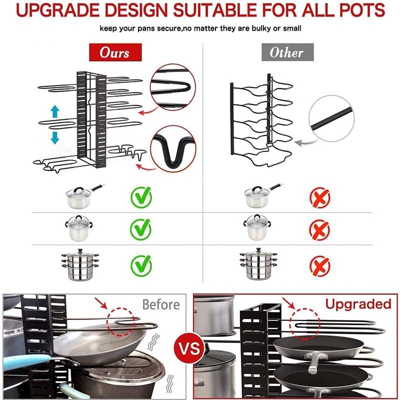 Kitchen Pan Organizer w/ 8 Adjustable Non-slip Tiers
