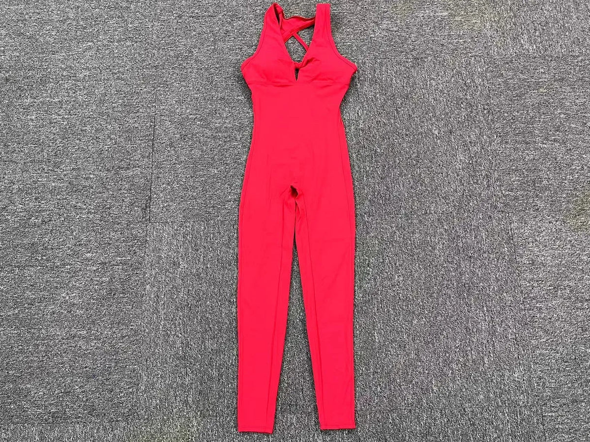 Sporty Sleeveless Women’s Fitness Jumpsuit – V-Shaped Back Design Jumpsuit, Gym-Ready Overalls Set for Yoga, Running & Workout in Bold Colors