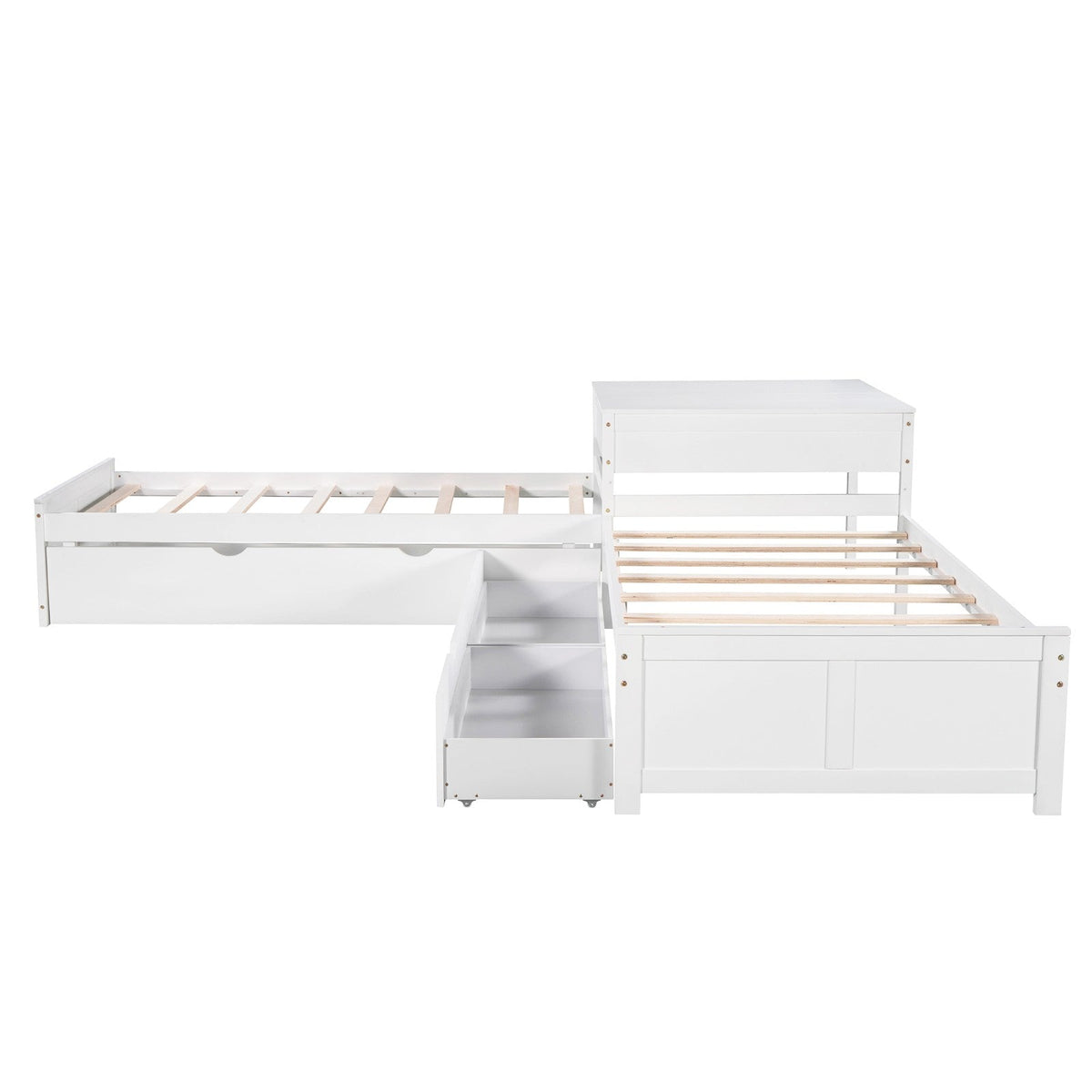 L-shaped Platform Bed with Trundle and Drawers Linked with built-in Desk Twin