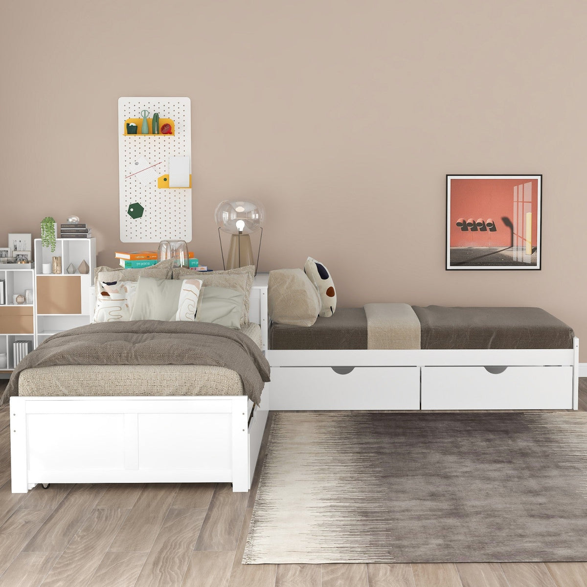 L-shaped Platform Bed with Trundle and Drawers Linked with built-in Desk Twin