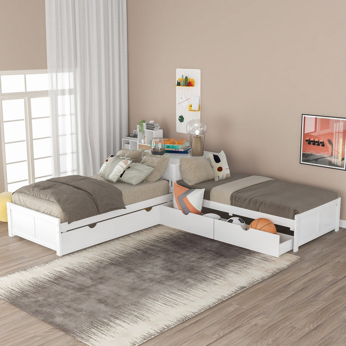 L-shaped Platform Bed with Trundle and Drawers Linked with built-in Desk Twin
