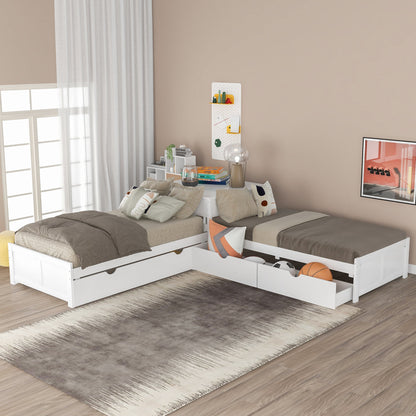 L-shaped Platform Bed with Trundle and Drawers Linked with built-in Desk Twin