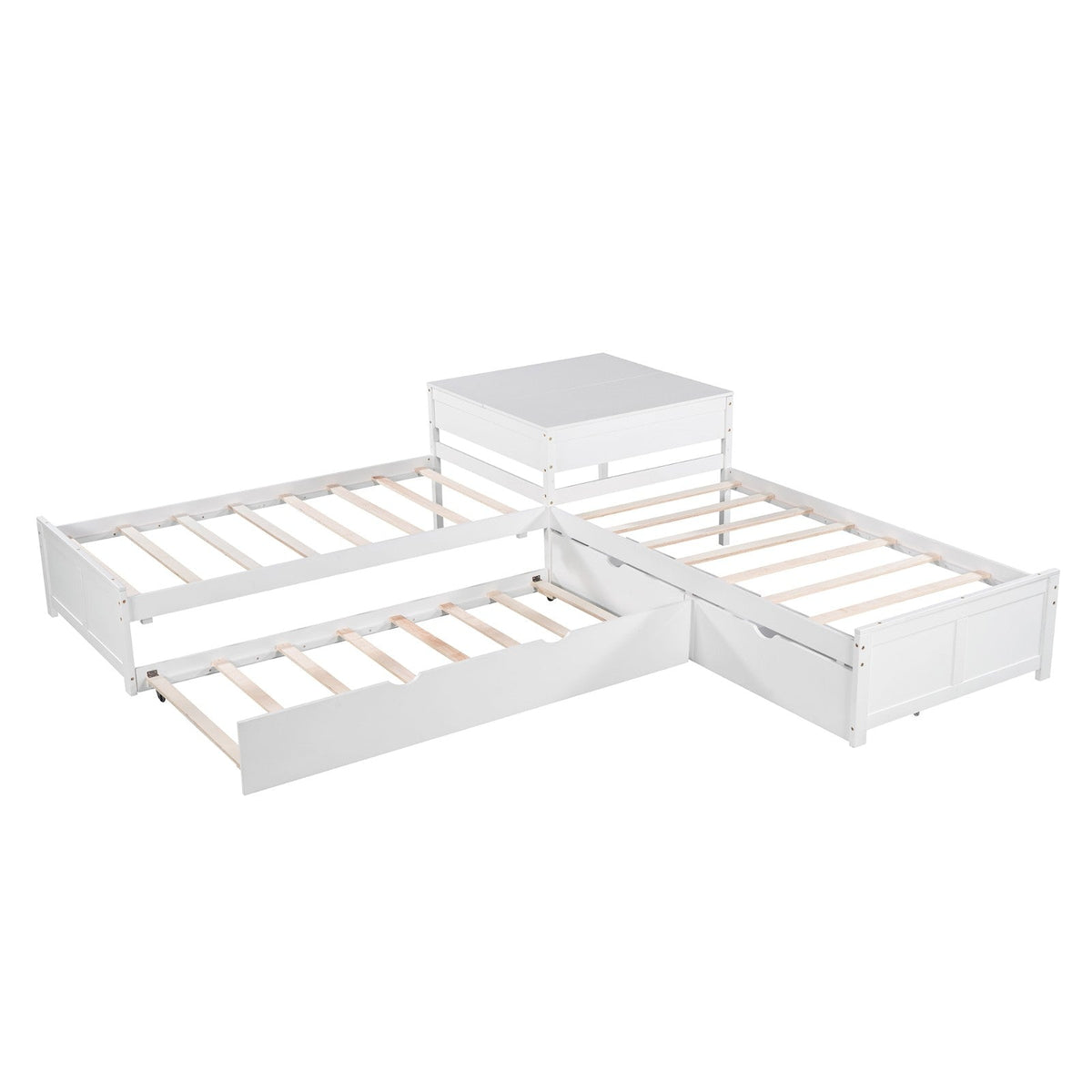 L-shaped Platform Bed with Trundle and Drawers Linked with built-in Desk Twin