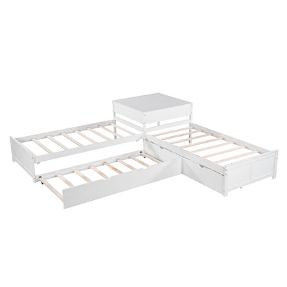 L-shaped Platform Bed with Trundle and Drawers Linked with built-in Desk Twin