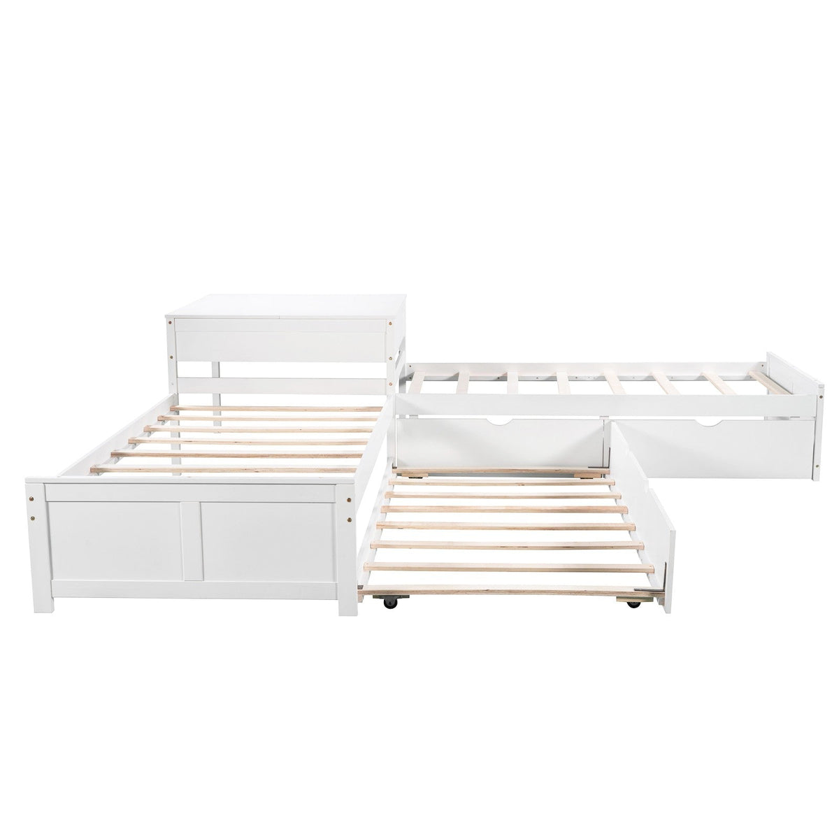 L-shaped Platform Bed with Trundle and Drawers Linked with built-in Desk Twin
