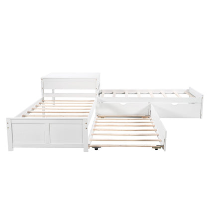 L-shaped Platform Bed with Trundle and Drawers Linked with built-in Desk Twin