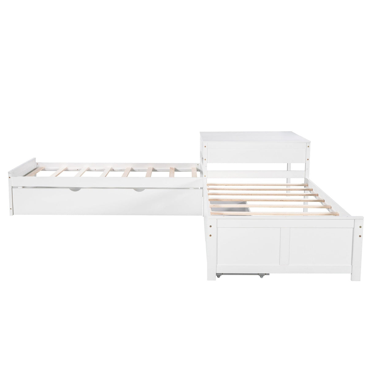 L-shaped Platform Bed with Trundle and Drawers Linked with built-in Desk Twin
