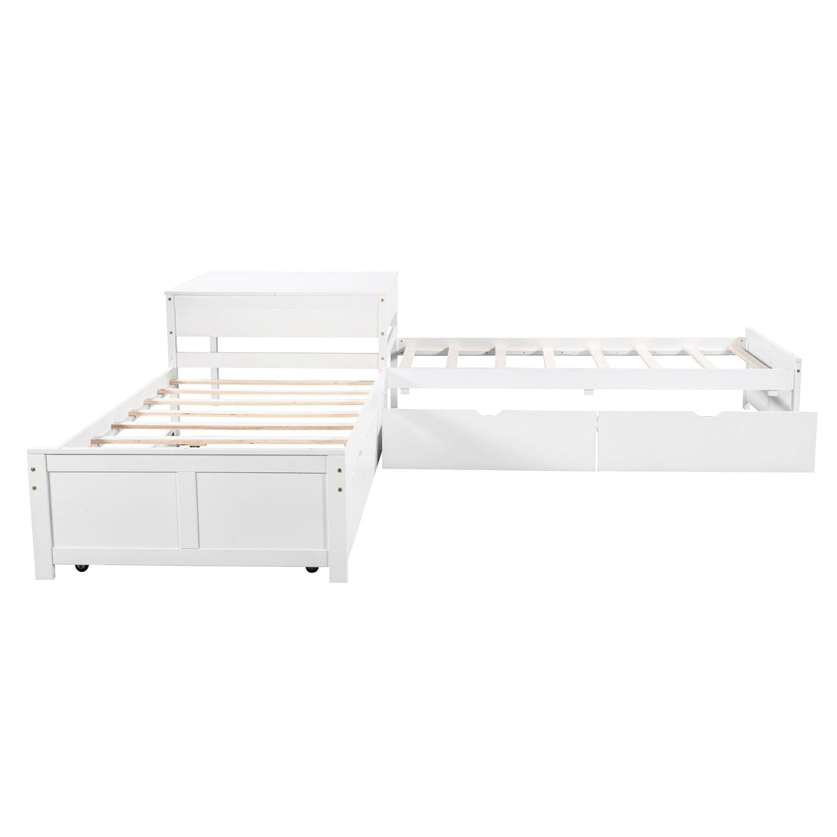 L-shaped Platform Bed with Trundle and Drawers Linked with built-in Desk Twin