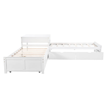 L-shaped Platform Bed with Trundle and Drawers Linked with built-in Desk Twin