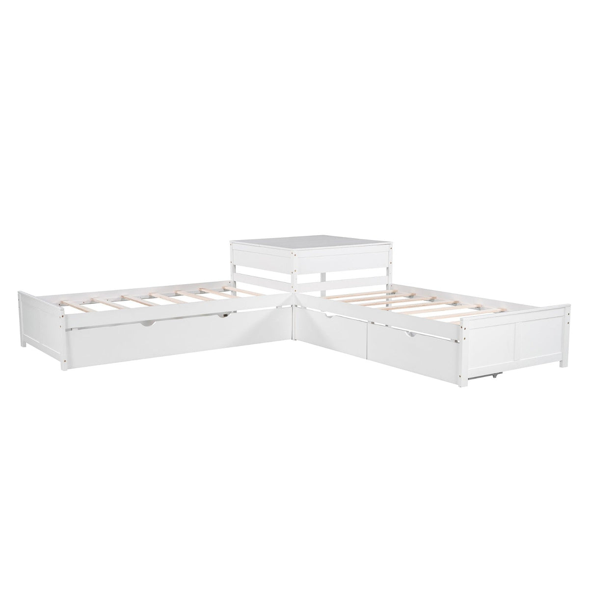L-shaped Platform Bed with Trundle and Drawers Linked with built-in Desk Twin