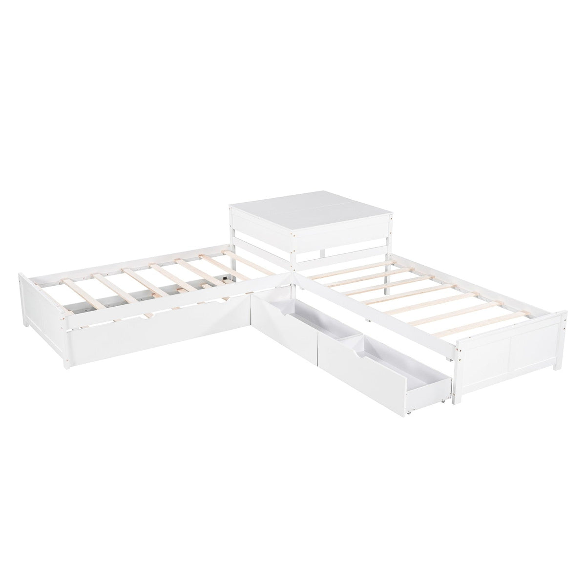 L-shaped Platform Bed with Trundle and Drawers Linked with built-in Desk Twin
