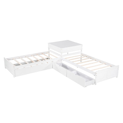 L-shaped Platform Bed with Trundle and Drawers Linked with built-in Desk Twin