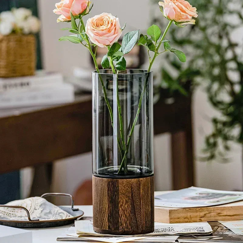 Minimalist Glass Vase with Wooden Base – Elegant Hydroponic Planter for Modern Home Décor