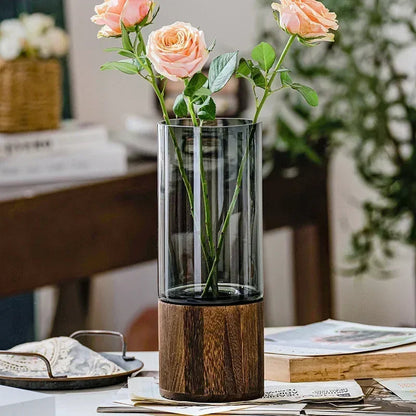 Minimalist Glass Vase with Wooden Base – Elegant Hydroponic Planter for Modern Home Décor