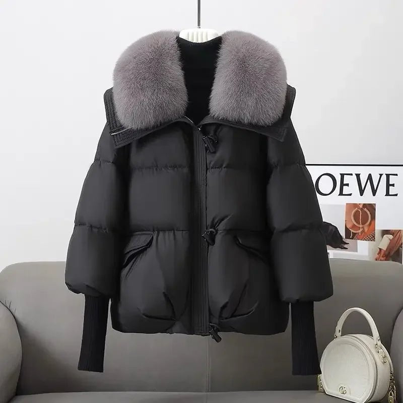 Ladies Cropped Fur Collar Puffer Winter Coat – Chic Hooded Winter Jacket for Women’s Cozy & Stylish Look