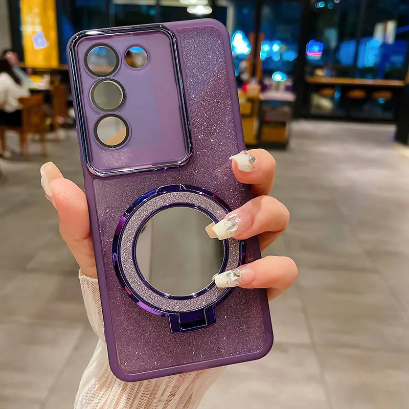 Bling Shockproof Mirror Case for Vivo V29E/V30 Pro – Glittery Protection with Stylish Mirror Holder