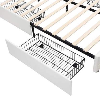 LED Bed Frame - Queen Size Upholstered Platform Bed with LED Lights and USB Charging, Storage Bed with 4 Drawers, White