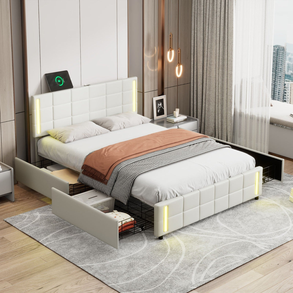 LED Bed Frame - Queen Size Upholstered Platform Bed with LED Lights and USB Charging, Storage Bed with 4 Drawers, White