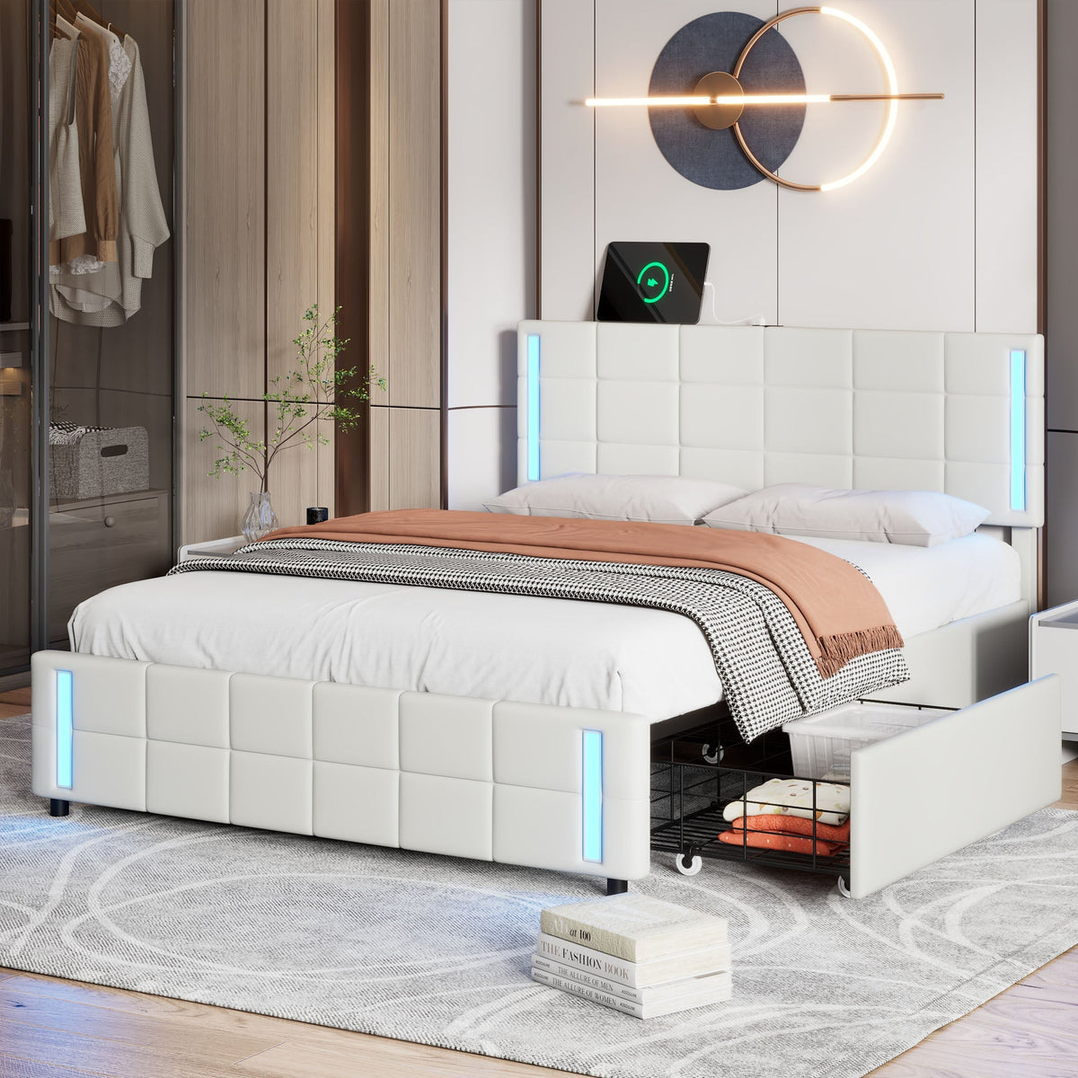 LED Bed Frame - Queen Size Upholstered Platform Bed with LED Lights and USB Charging, Storage Bed with 4 Drawers, White