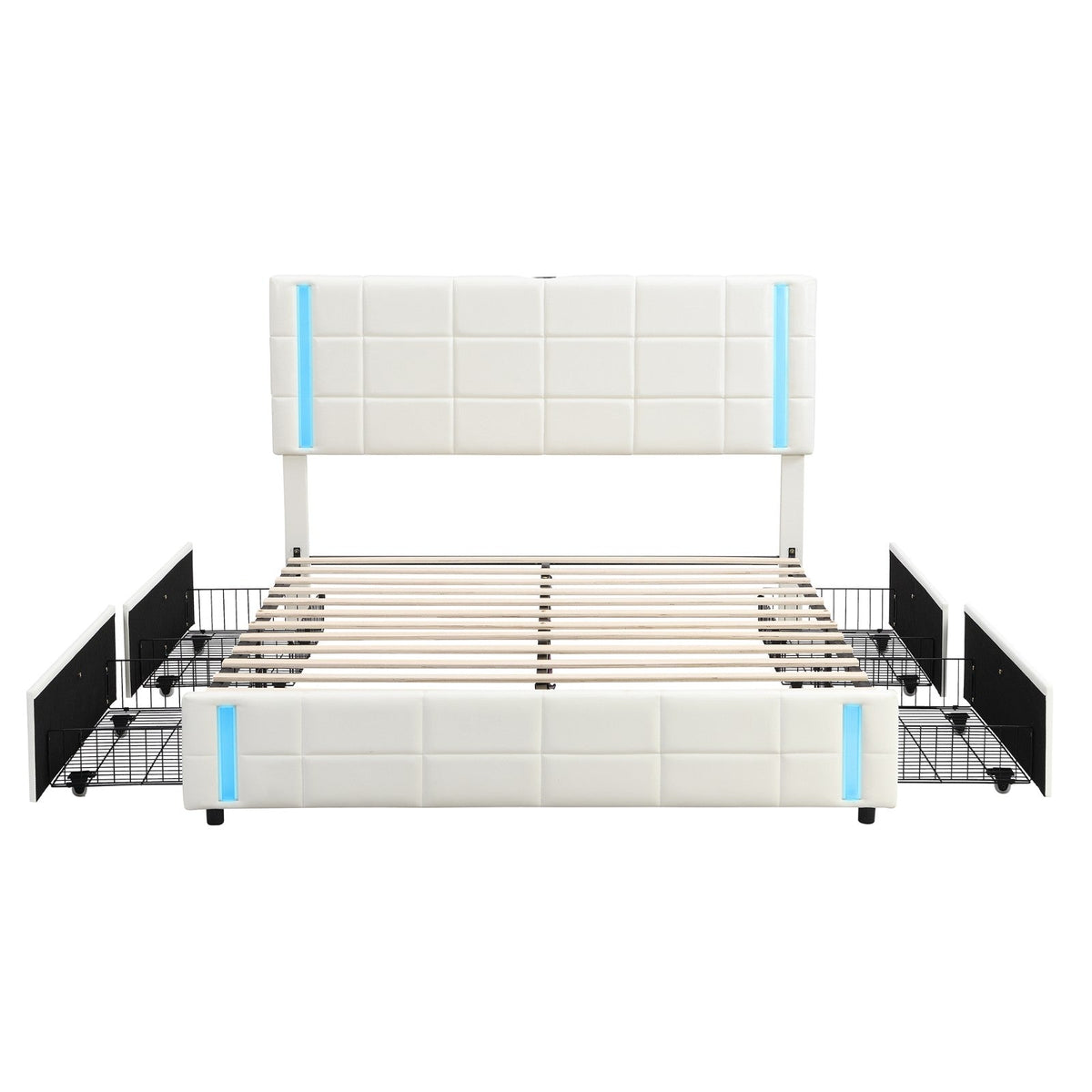 LED Bed Frame - Queen Size Upholstered Platform Bed with LED Lights and USB Charging, Storage Bed with 4 Drawers, White
