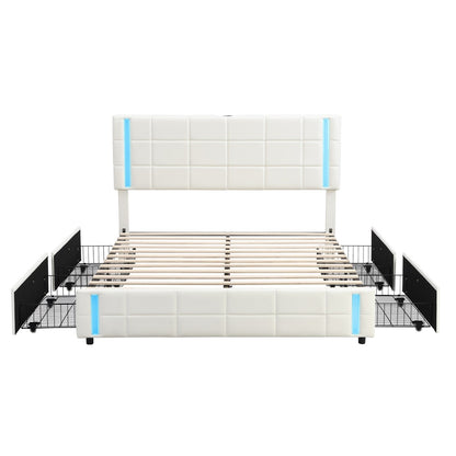 LED Bed Frame - Queen Size Upholstered Platform Bed with LED Lights and USB Charging, Storage Bed with 4 Drawers, White